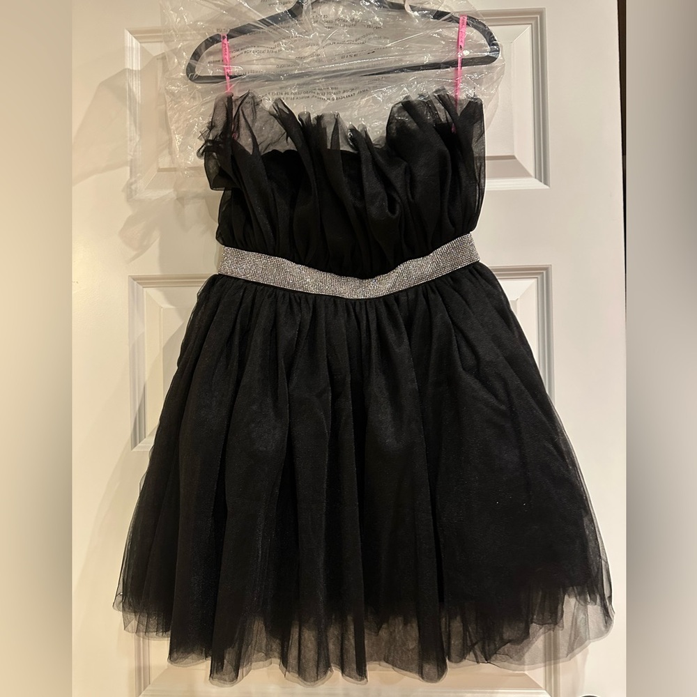 Betsey Johnson Black Strapless Tulle Party Dress with Silver Waistband